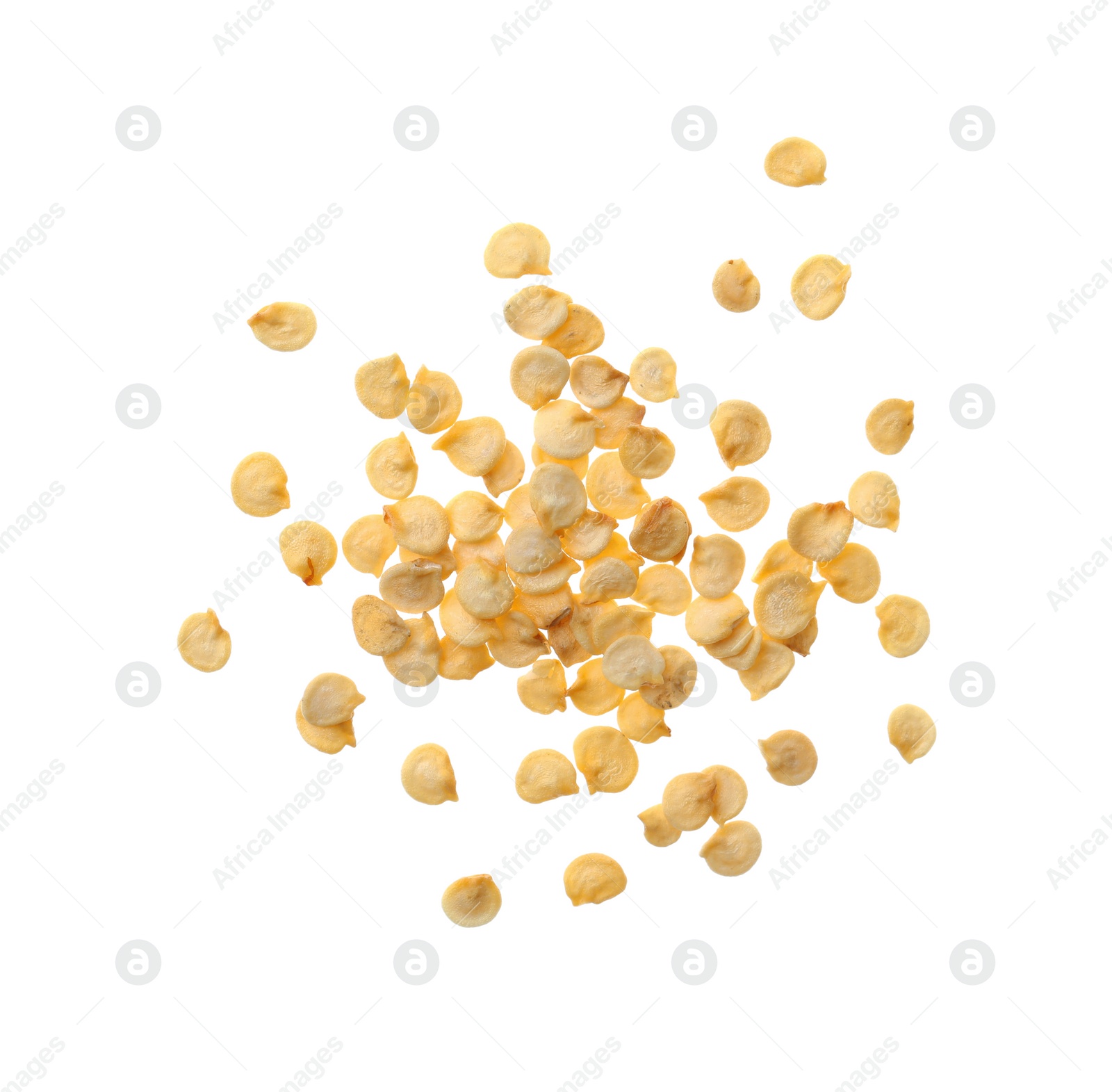 Photo of Pile of raw bell pepper seeds on white background, top view. Vegetable planting
