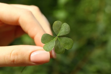 Photo of Woman holding green clover leaf outdoors, closeup
