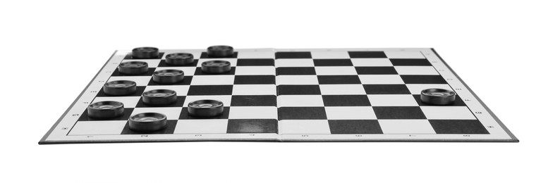 Photo of Checkerboard with game pieces isolated on white