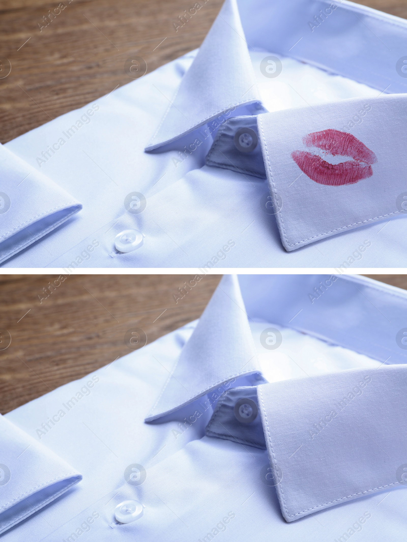 Image of Stylish shirt before and after dry-cleaning on table, closeup