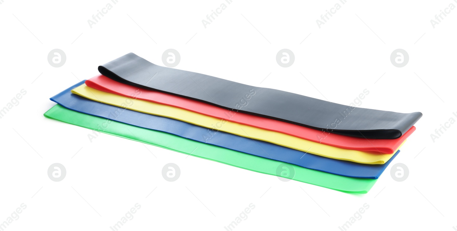 Photo of Set of fitness elastic bands on white background