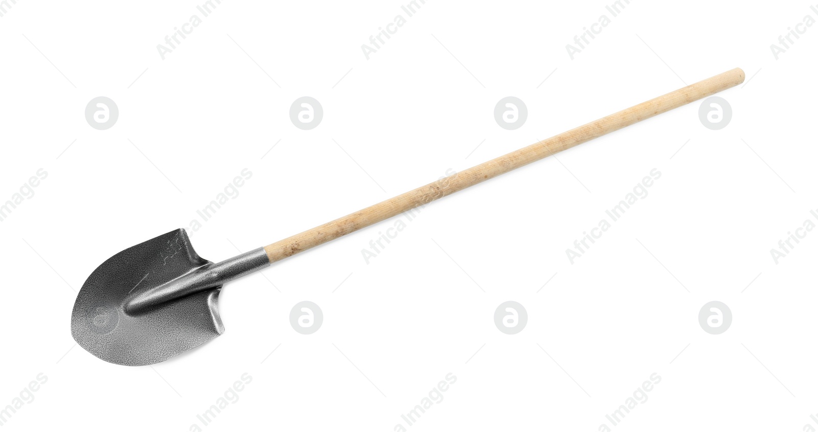 One new shovel with wooden handle isolated on white. Gardening tool Photo of One new shovel with wooden handle isolated on white. Gardening tool