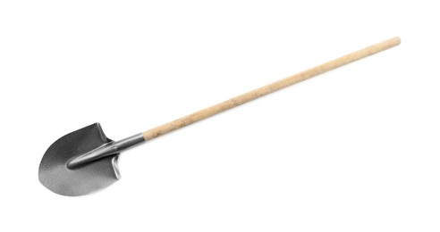 Photo of One new shovel with wooden handle isolated on white. Gardening tool