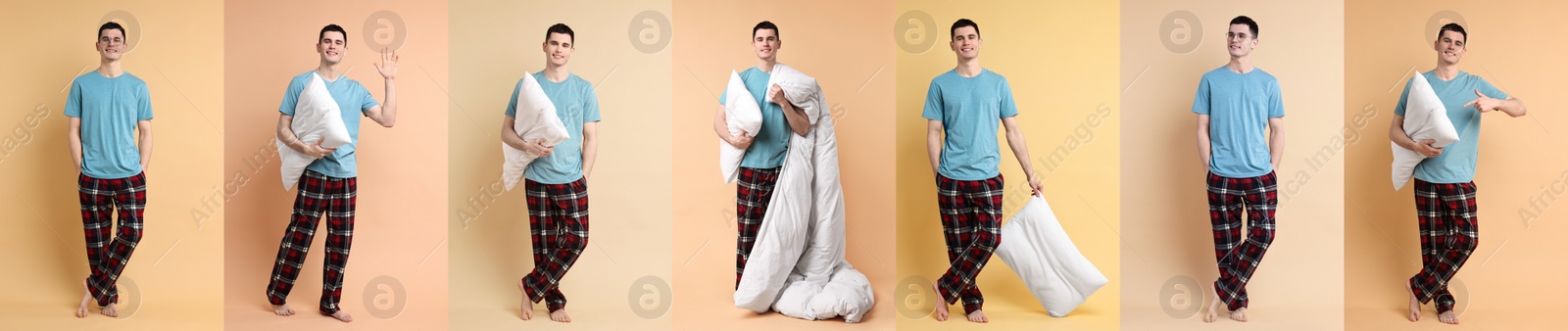 Image of Man in pajamas with pillow on beige background, collage of photos