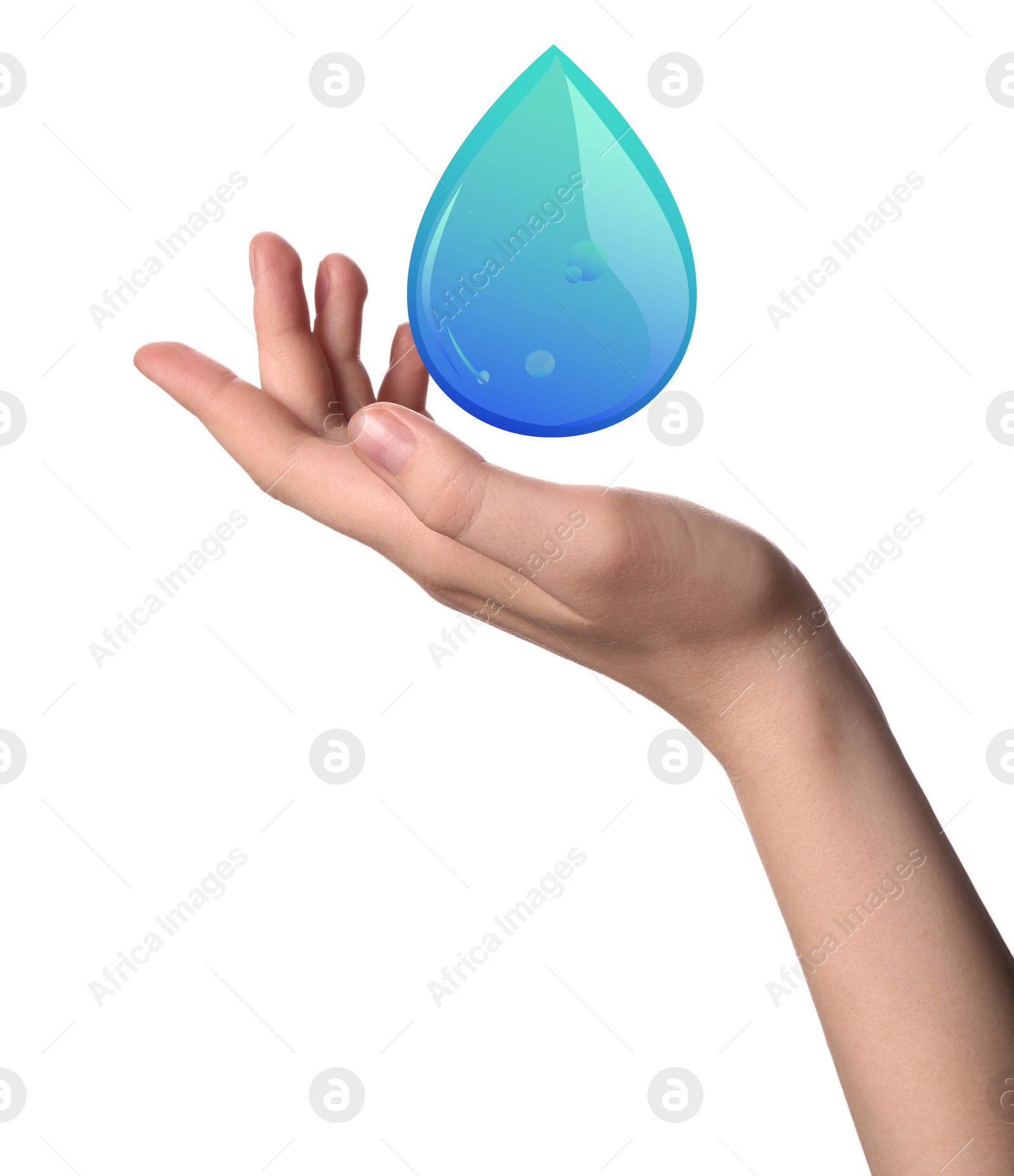 Image of Woman holding image of water drop on white background, closeup