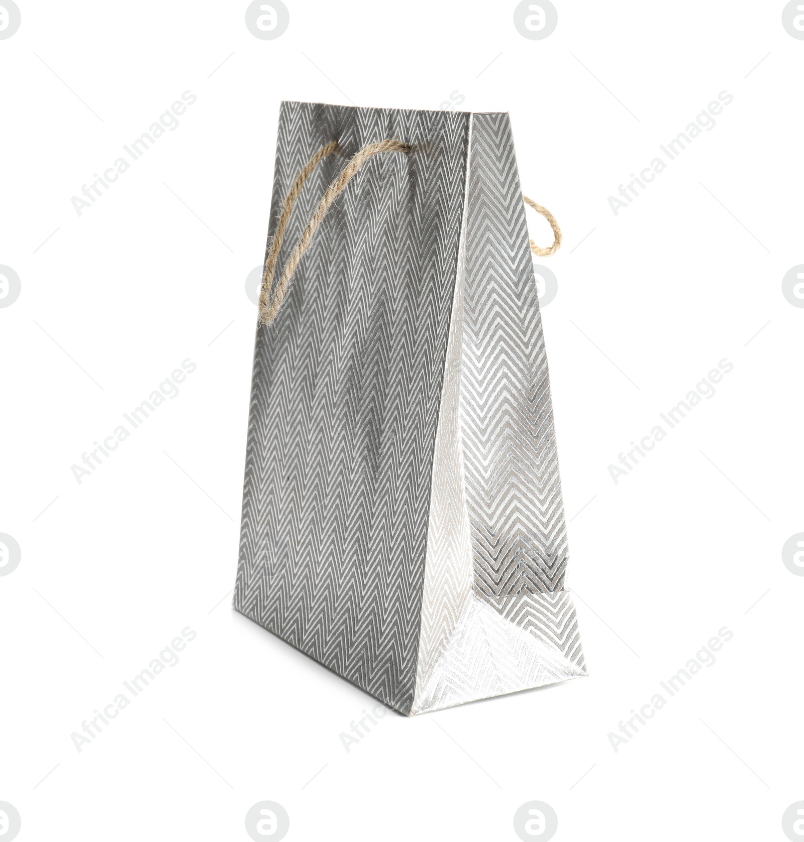 Photo of Silver paper shopping bag isolated on white. Space for design