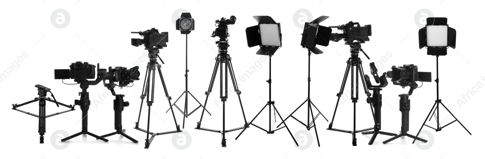 Image of Collage with modern professional equipment on white background. Video production