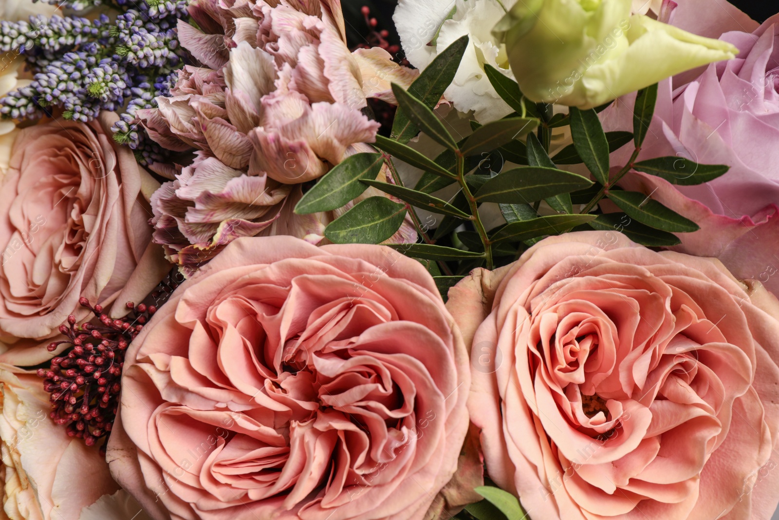 Photo of Bouquet of beautiful flowers, closeup view. Floral decor