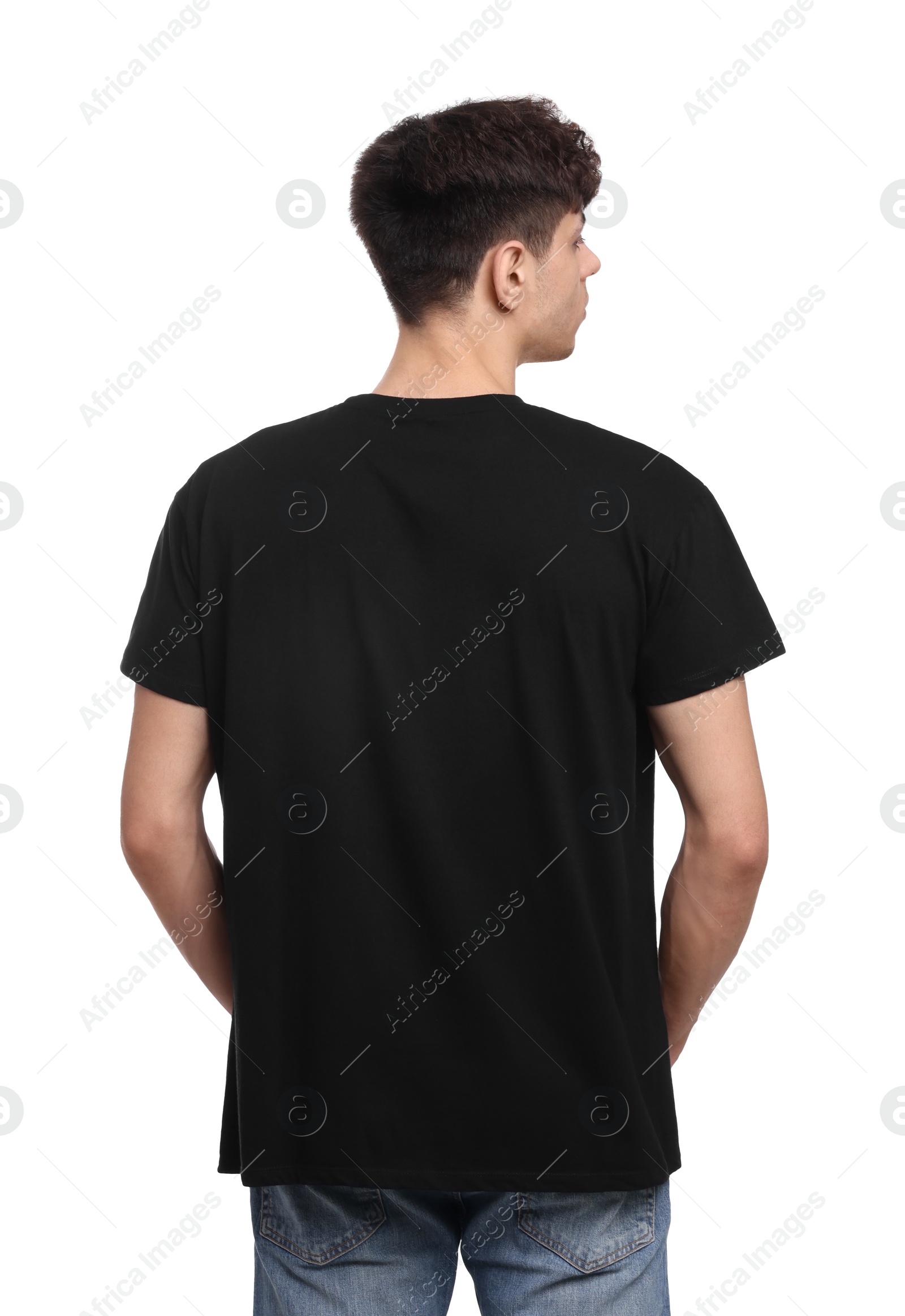 Photo of Young man wearing black t-shirt on white background, back view
