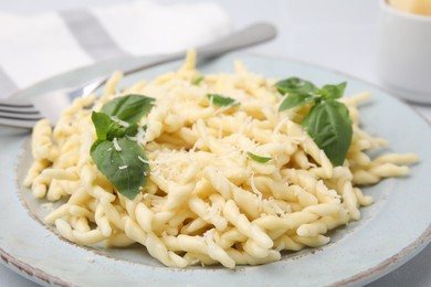 Plate of delicious trofie pasta with cheese and basil leaves on table, closeup