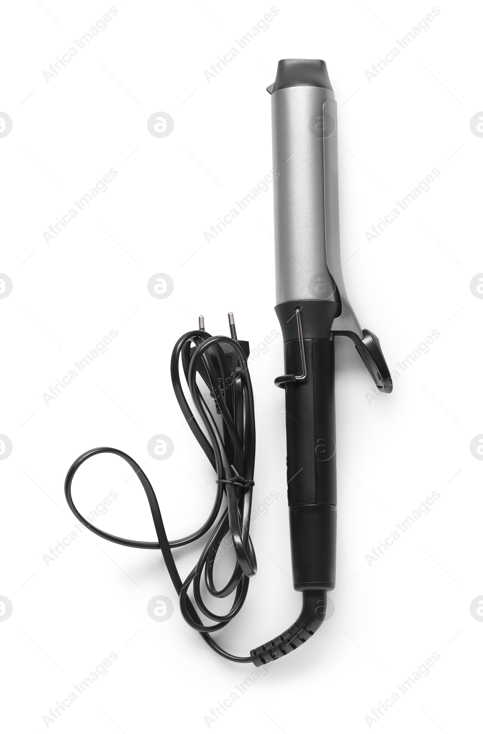 Photo of One curling iron isolated on white, top view. Hair styling appliance