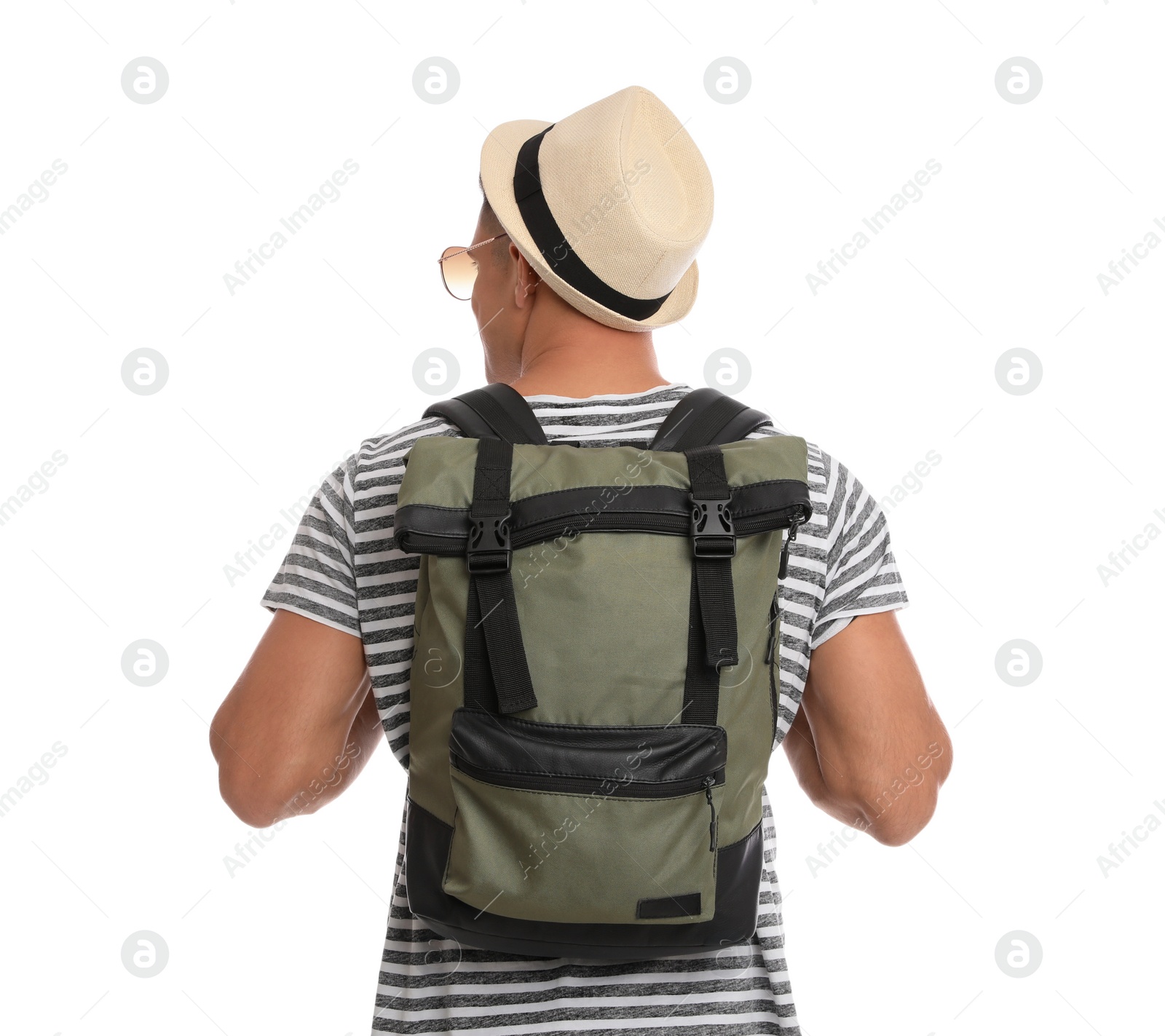 Photo of Man with hat and backpack on white background, back view. Summer travel