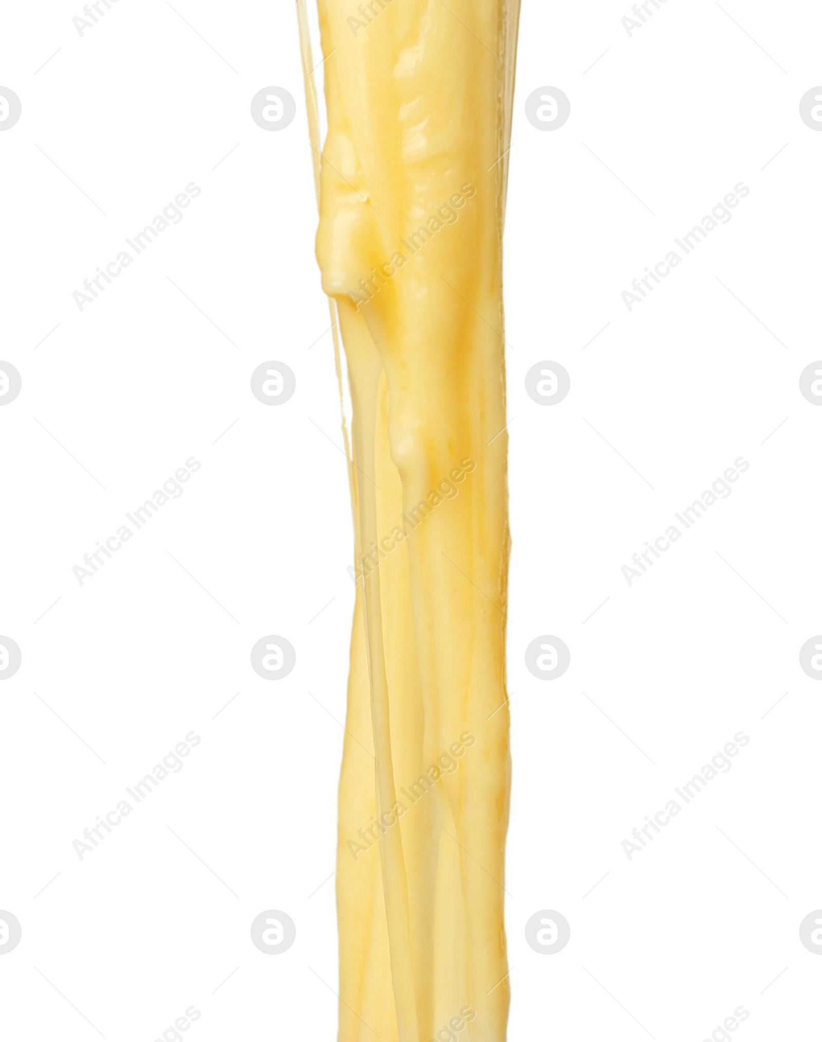 Photo of Stretching delicious melted cheese isolated on white