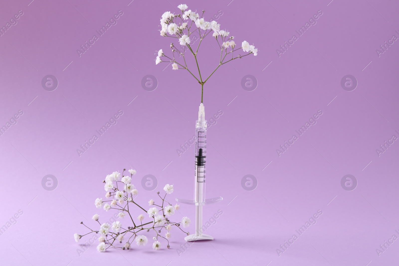 Photo of Cosmetology. Medical syringe and gypsophila on violet background