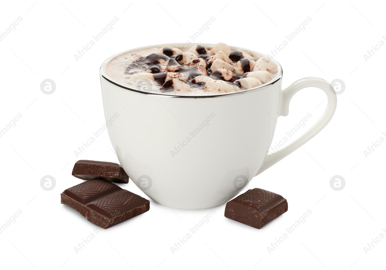 Photo of Cup of aromatic hot chocolate with marshmallows isolated on white