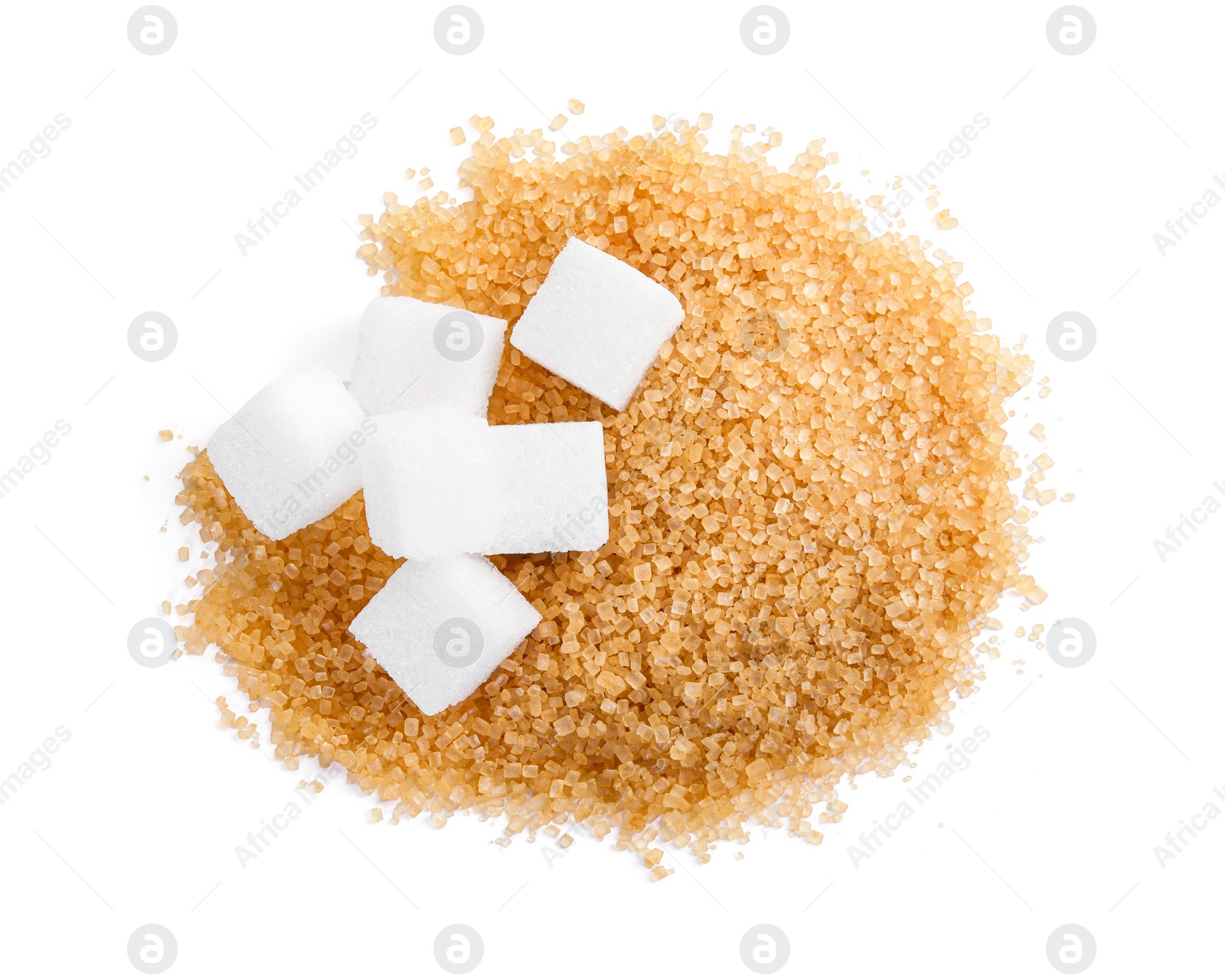 Photo of Different types of sugar isolated on white, top view