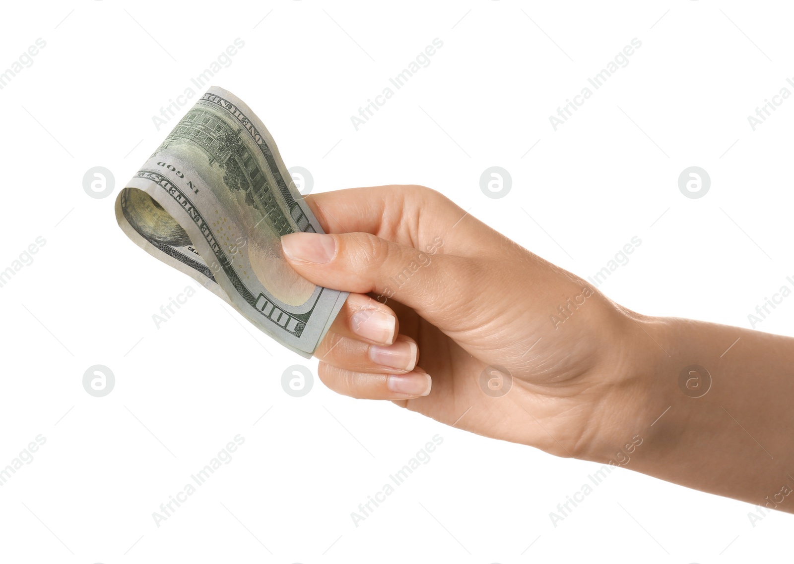 Photo of Young woman with dollar bill on white background, closeup