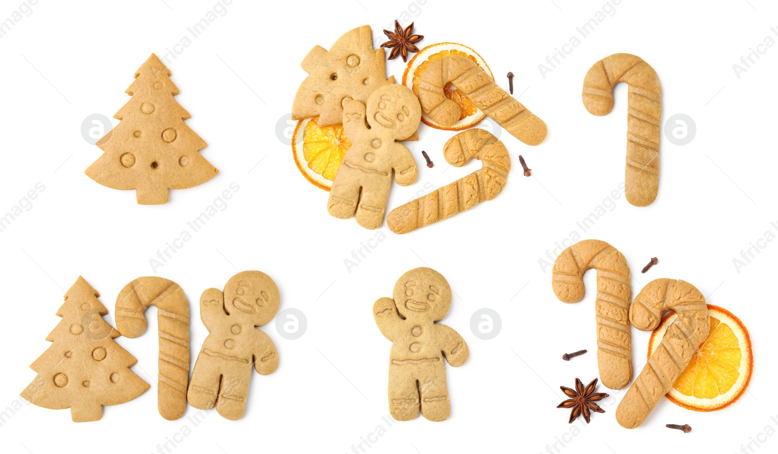 Image of Set with different tasty cookies and spices on white background, top view