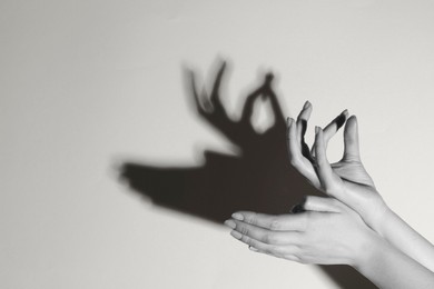 Photo of Shadow puppet. Woman making hand gesture like deer on light background, closeup with space for text. Black and white effect