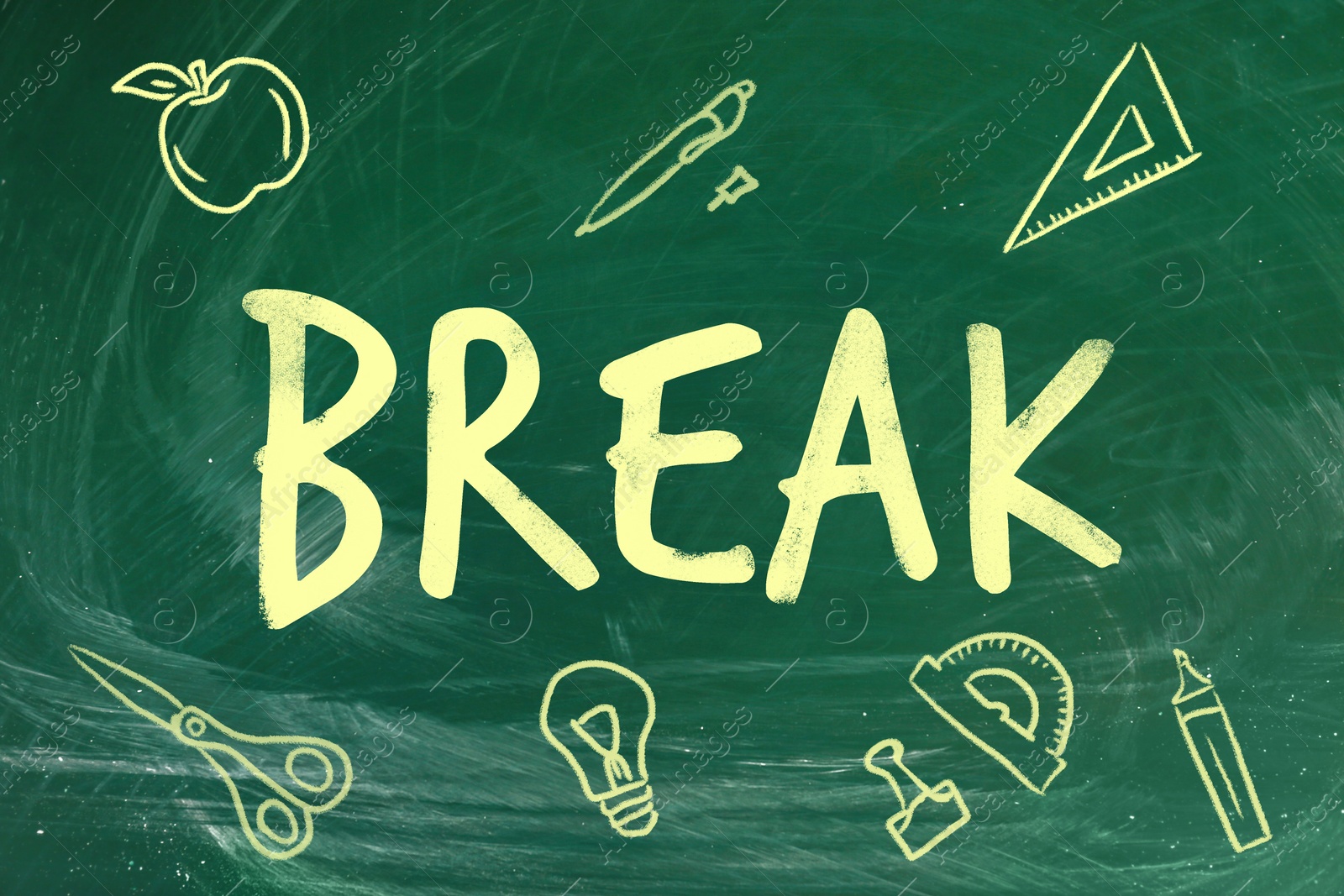 Image of Word Break with drawings on green chalkboard. School holidays