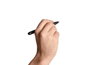 Man holding pen on white background, closeup of hand