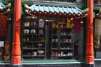 AMSTERDAM, NETHERLANDS - JULY 16, 2022: Beautiful facade of shop at Chinatown, view from outdoors