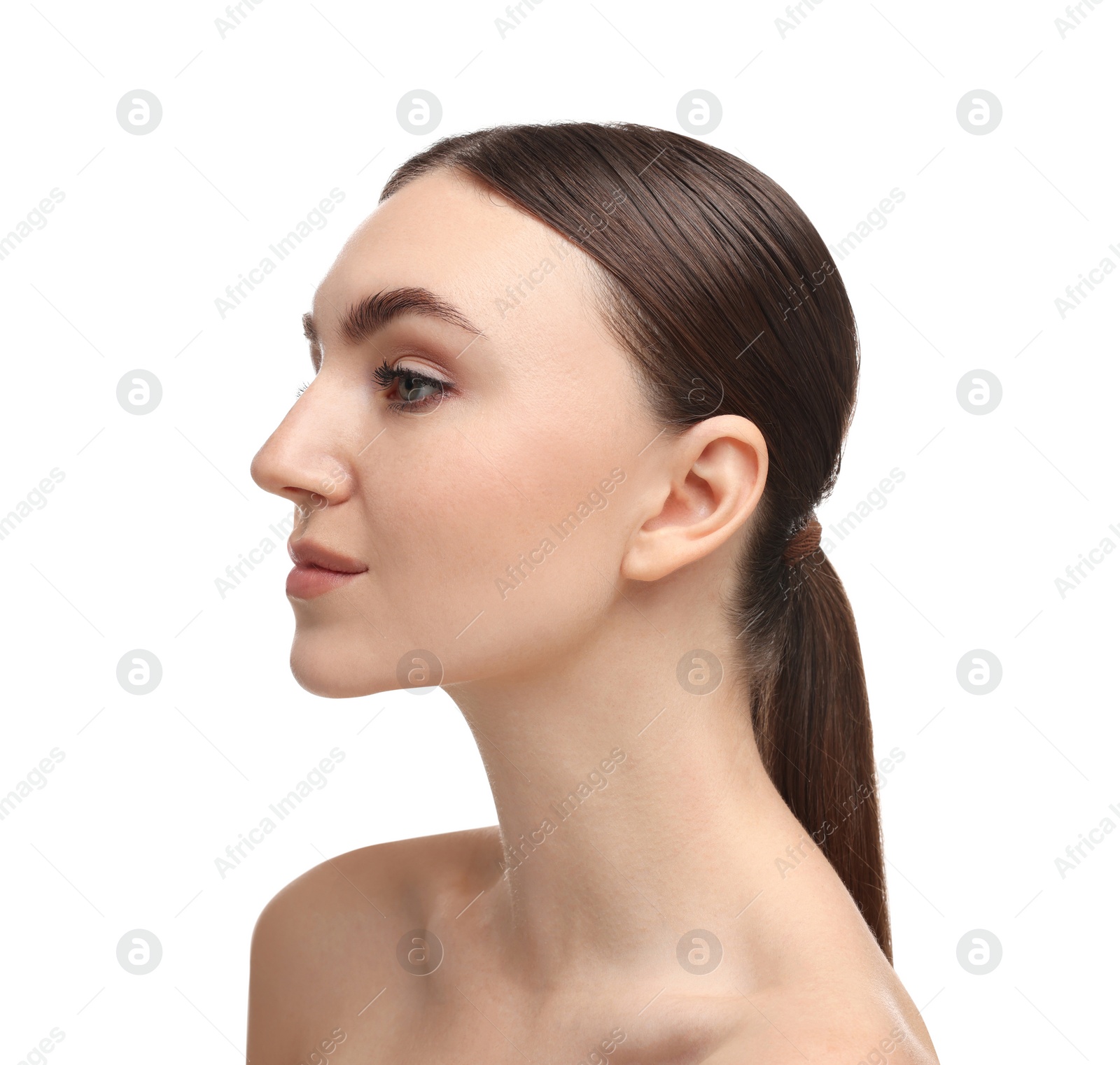 Photo of Portrait of beautiful woman on white background