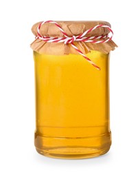 Tasty honey in glass jar isolated on white