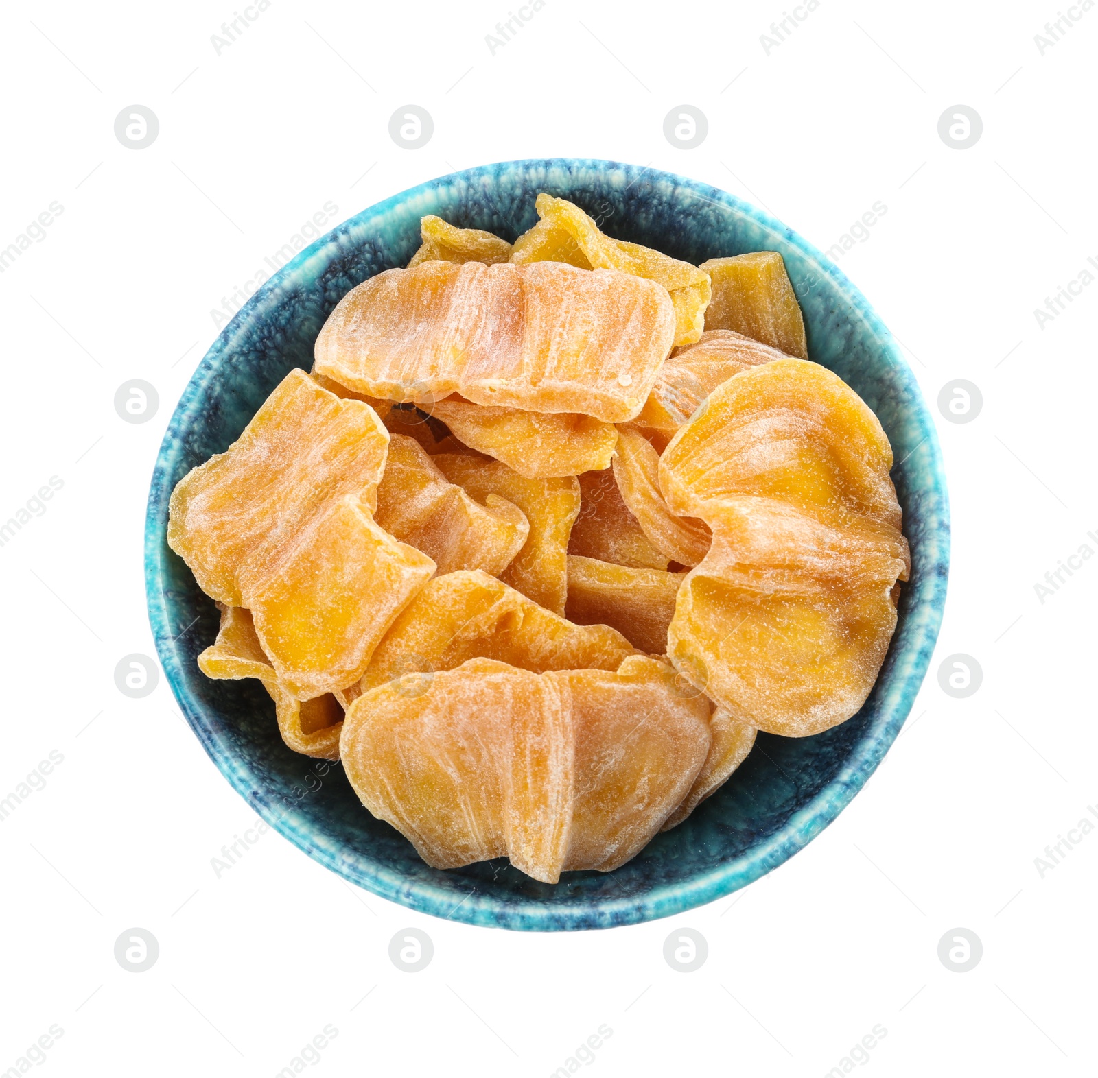 Photo of Sweet dried jackfruit slices in bowl on white background, top view