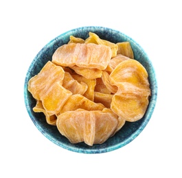 Sweet dried jackfruit slices in bowl on white background, top view