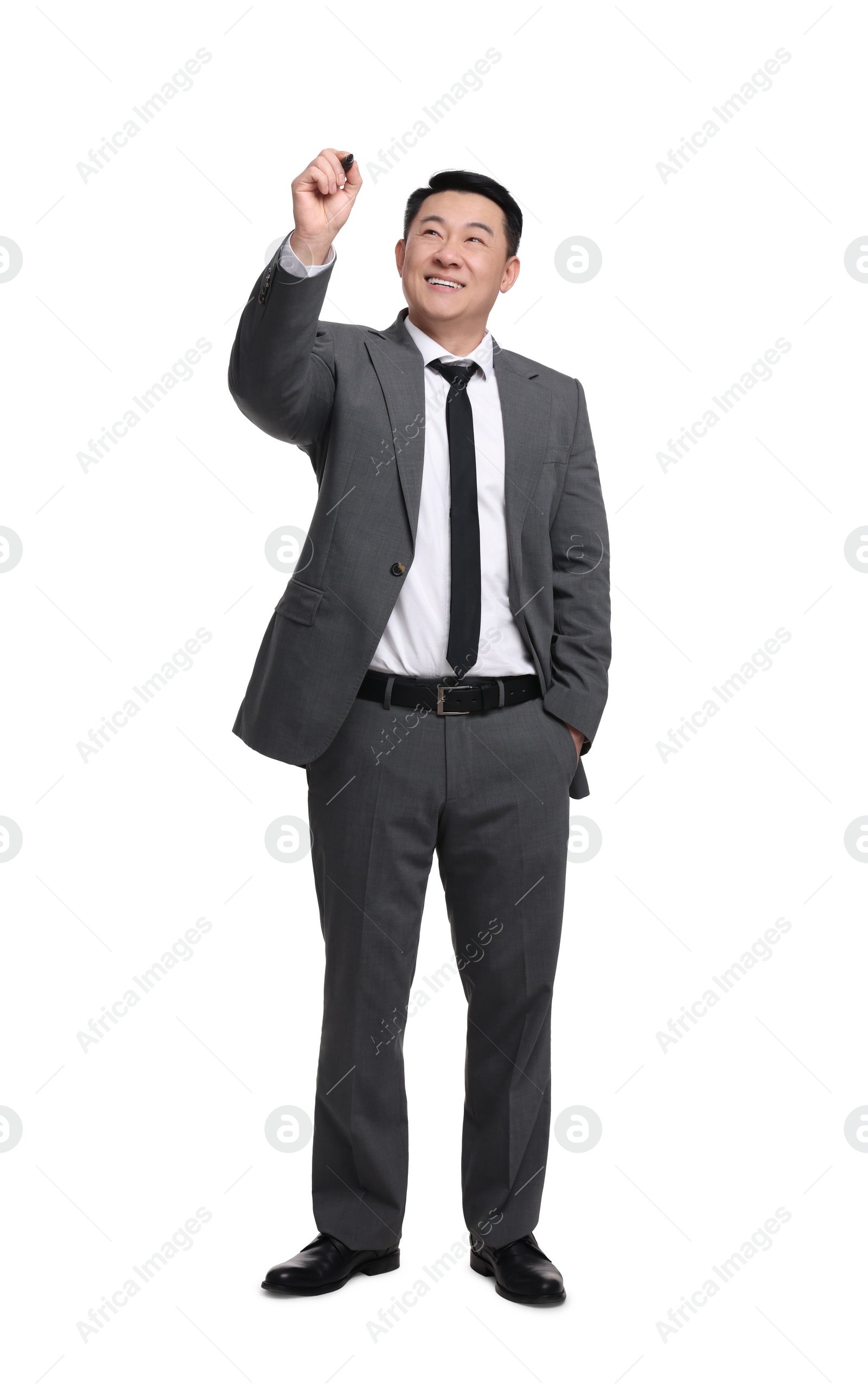 Photo of Businessman with marker writing on white background