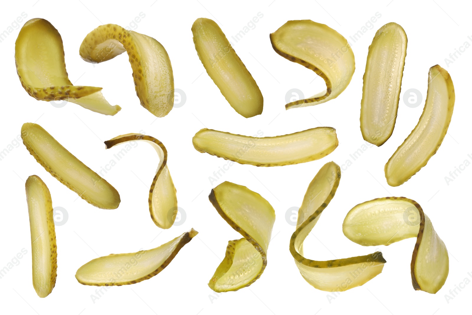 Image of Slices of tasty pickled cucumber isolated on white, set