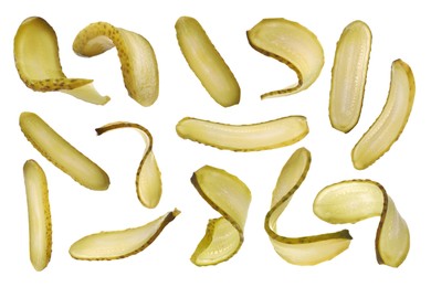 Image of Slices of tasty pickled cucumber isolated on white, set