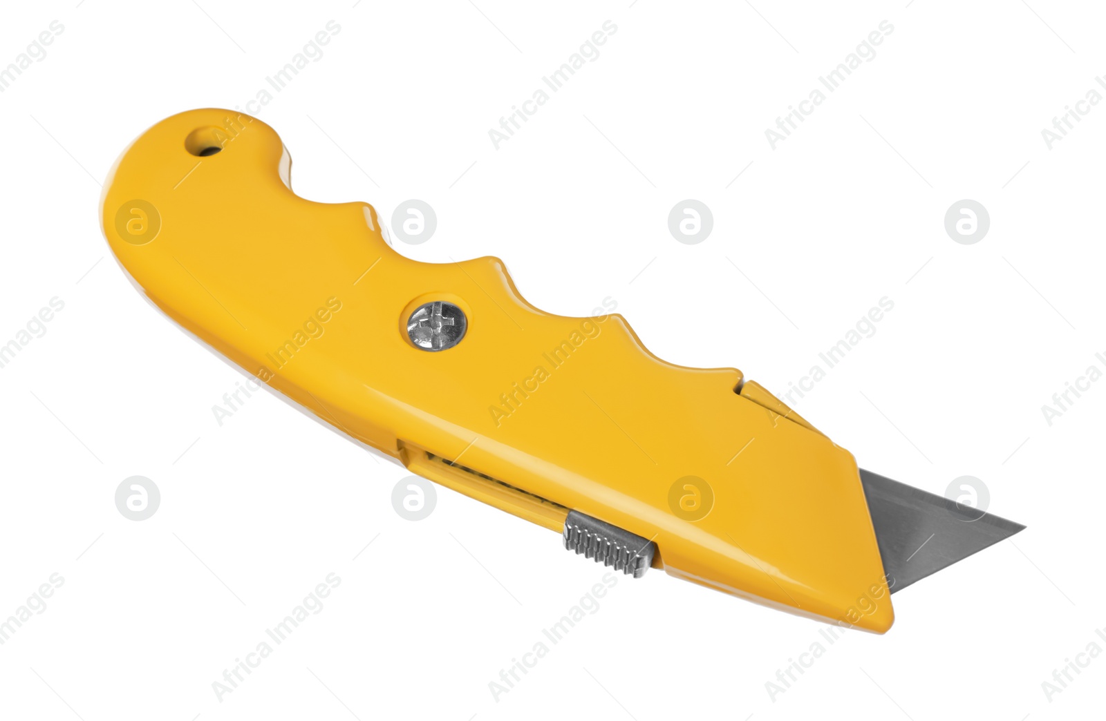 Photo of Yellow utility knife isolated on white. Construction tool