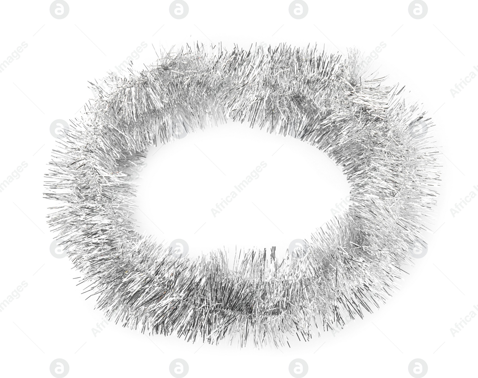 Photo of Shiny silver tinsel isolated on white, top view
