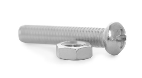 Photo of Metal carriage bolt and hex nut on white background