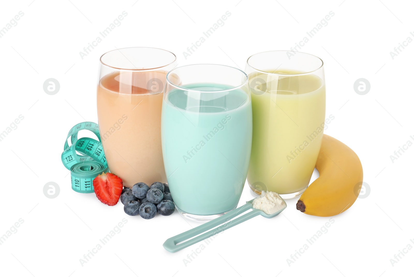 Photo of Tasty shakes, banana, berries, measuring tape and powder isolated on white. Weight loss