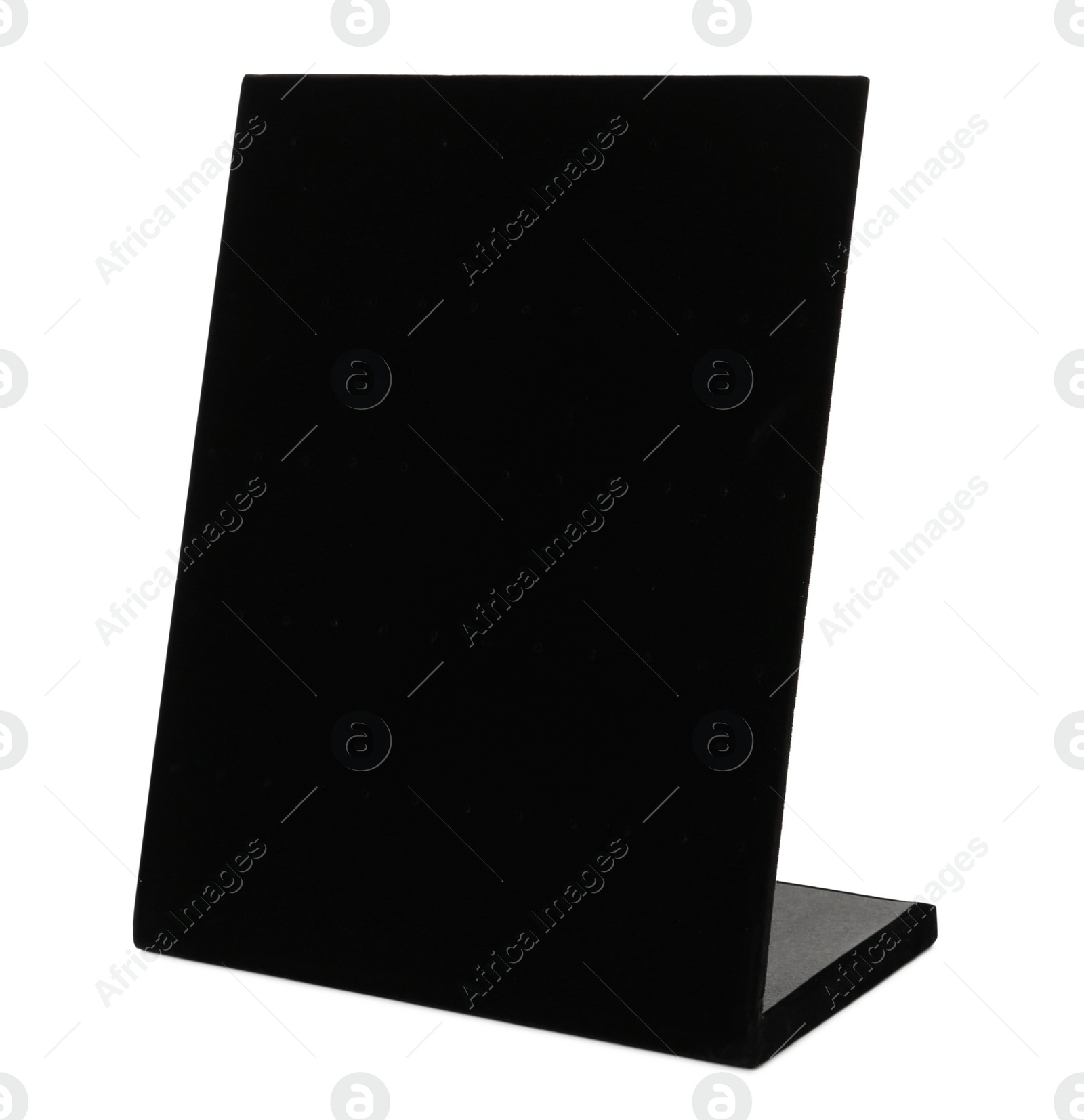 Photo of Empty black velvet display stand for jewelry isolated on white