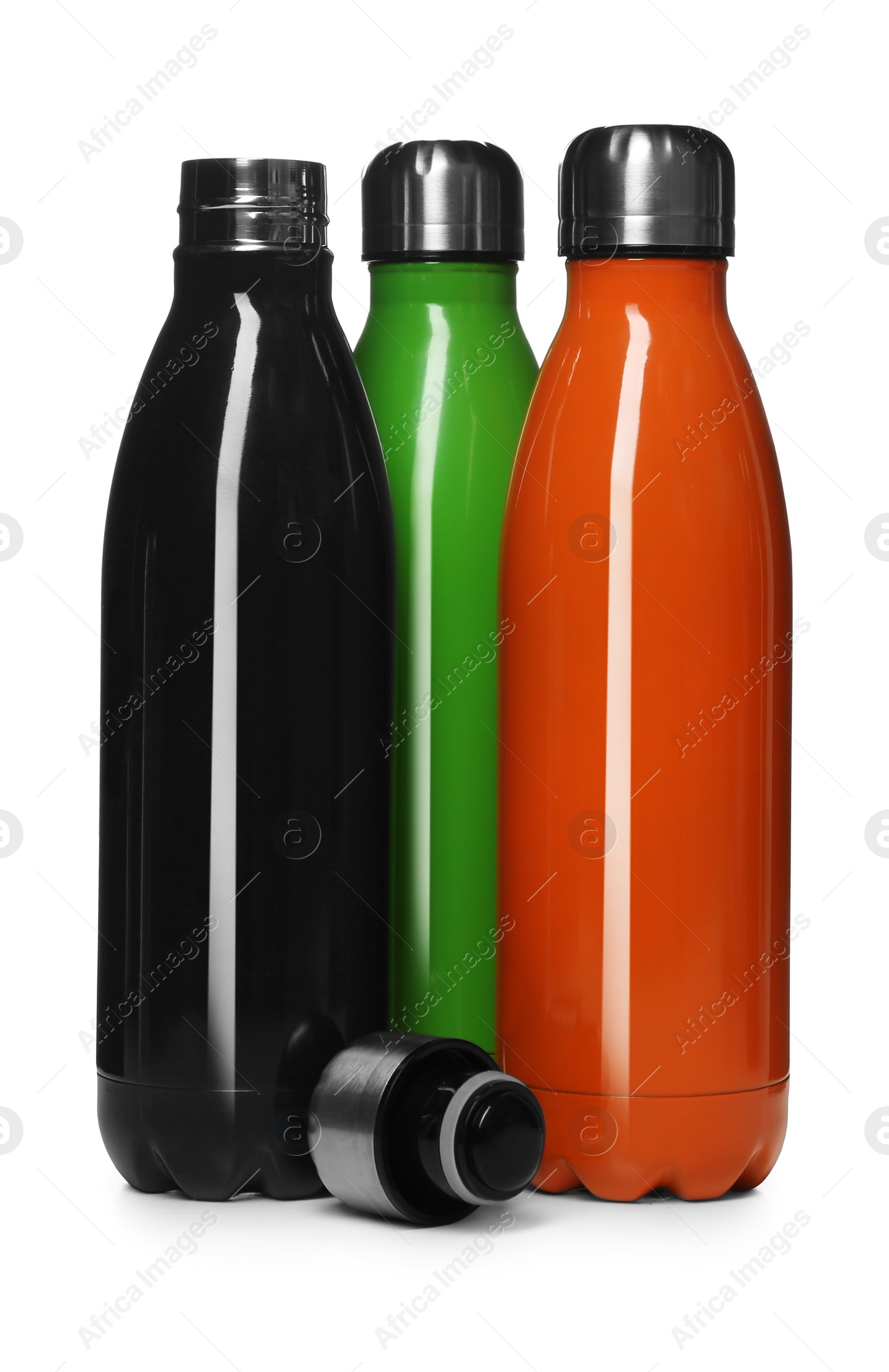 Photo of Different stylish thermo bottles isolated on white