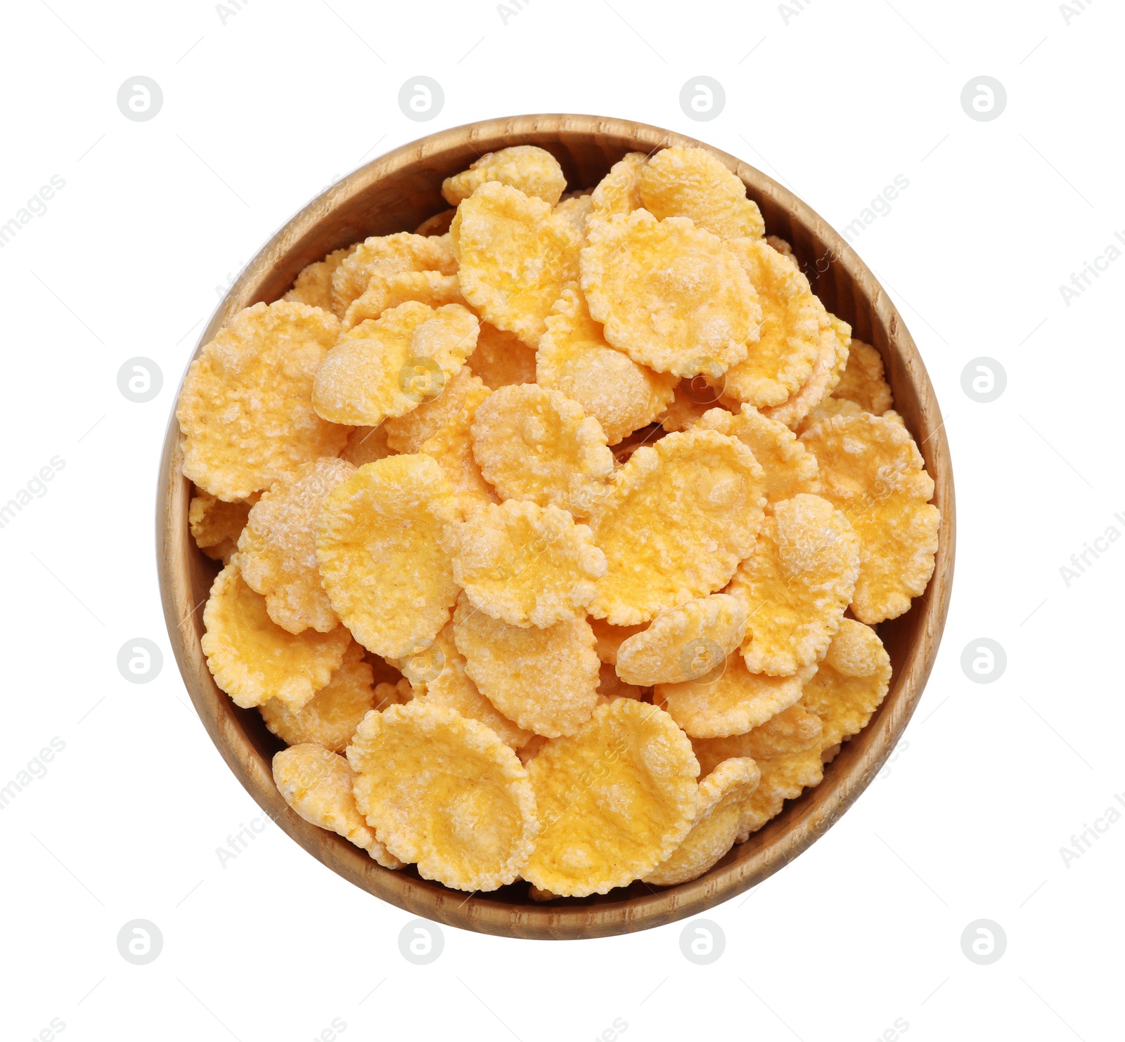 Photo of Bowl of tasty corn flakes isolated on white, top view