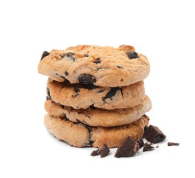 Stack of tasty chocolate chip cookies on white background