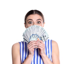 Photo of Portrait of young woman holding money banknotes on white background