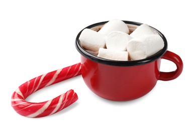 Photo of Tasty hot chocolate with marshmallows and candy cane isolated on white