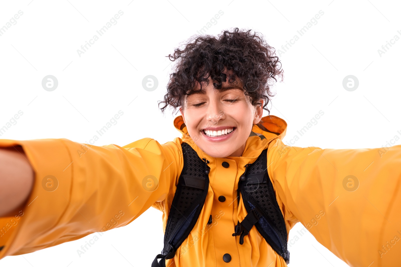 Photo of Beautiful woman taking selfie on white background