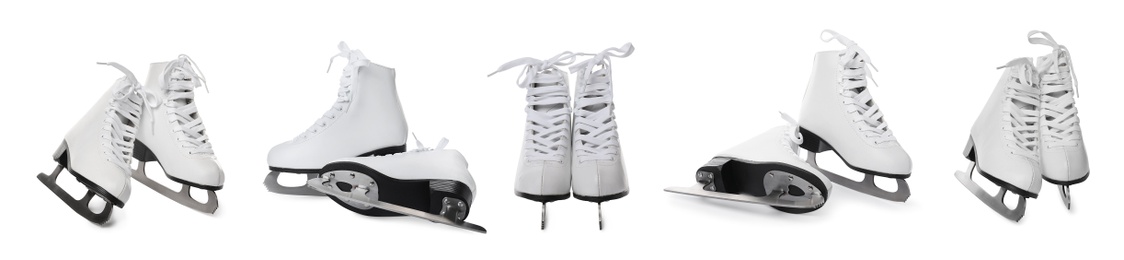 Image of Set with ice skates on white background. Banner design