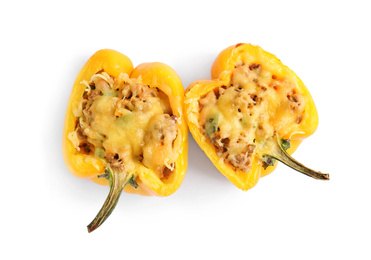 Photo of Tasty stuffed bell pepper isolated on white, top view