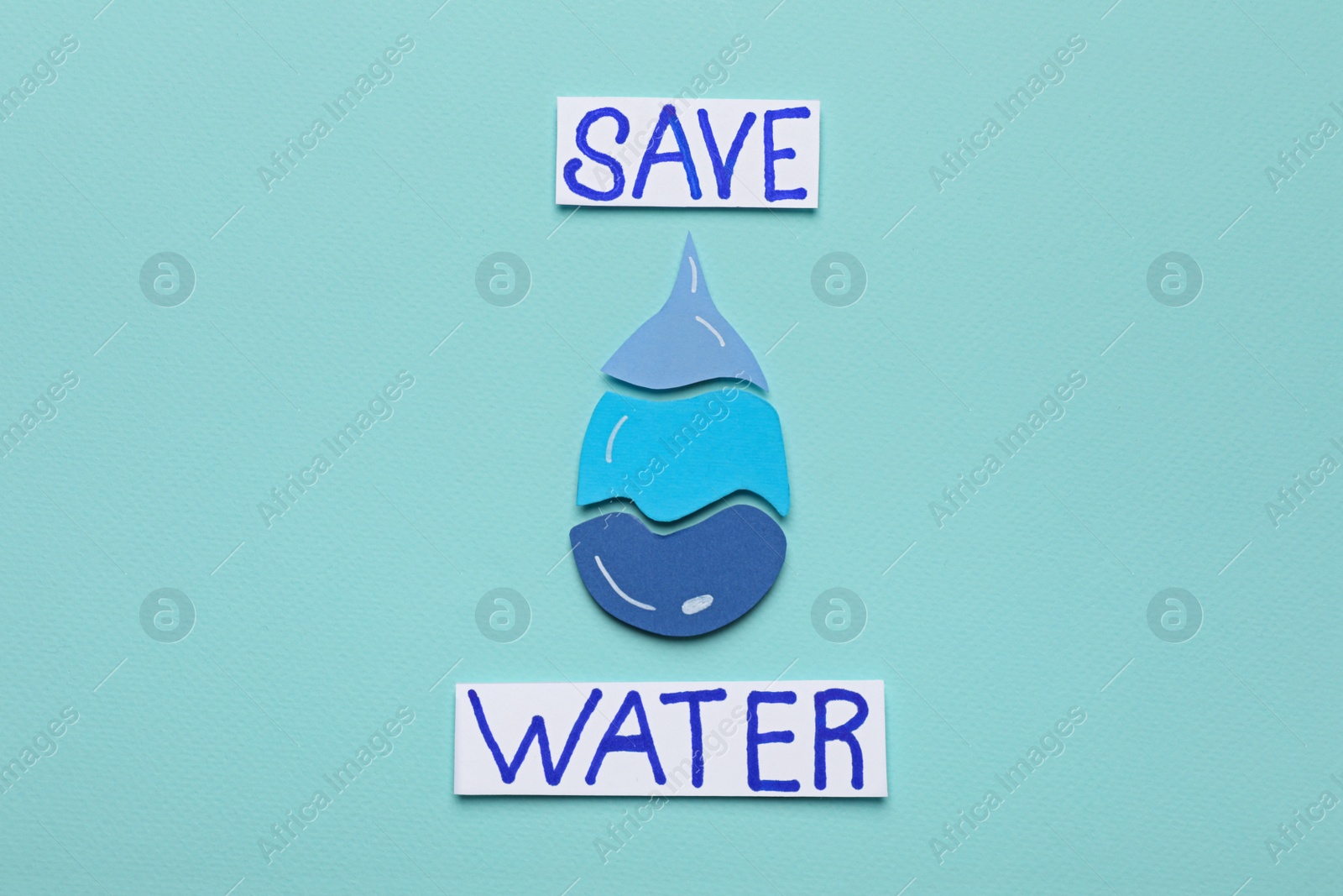Photo of Words Save Water and drop on turquoise background, flat lay