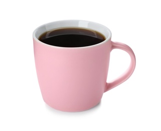 Photo of Pink ceramic cup with hot aromatic coffee on white background