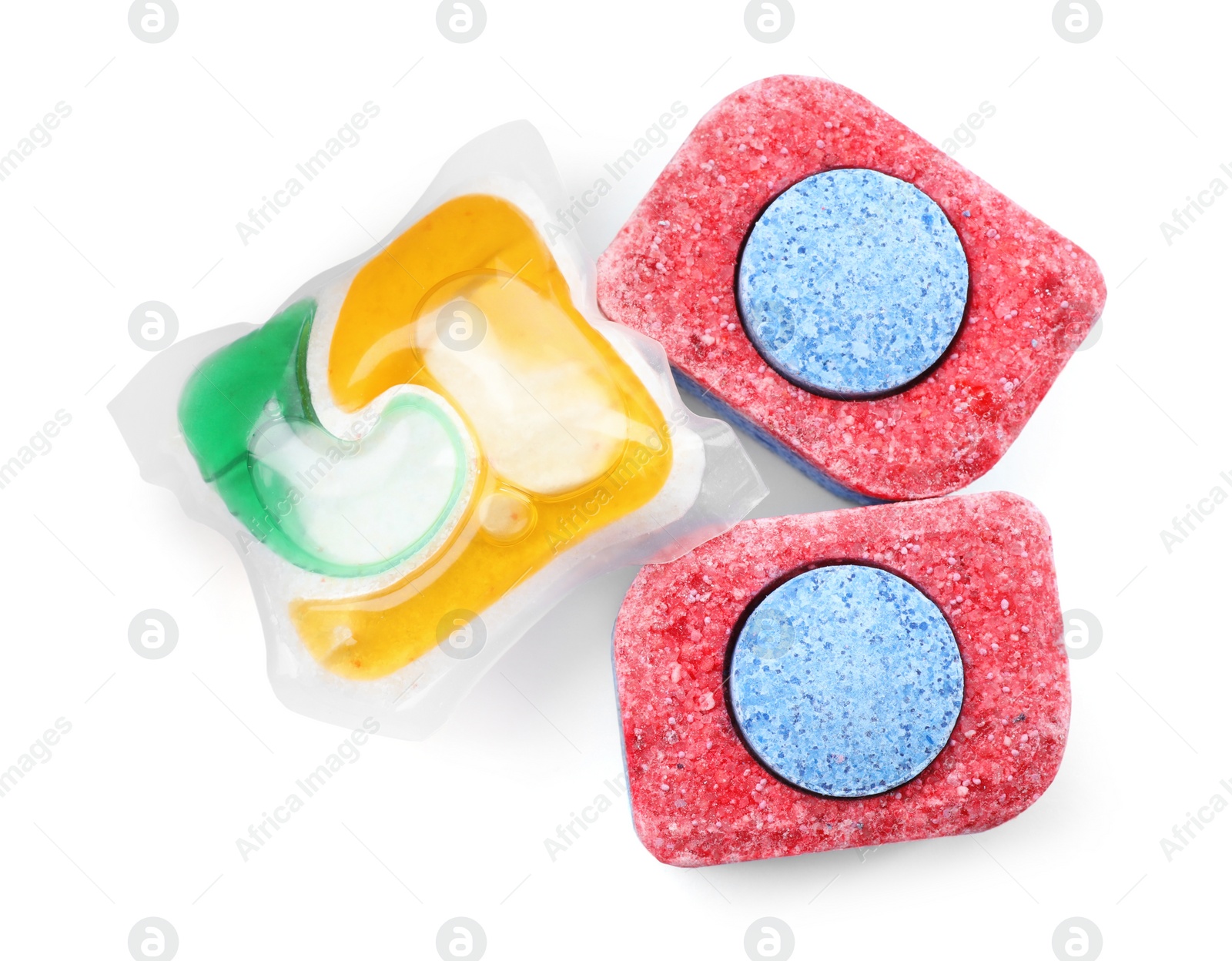 Photo of Dishwasher detergent pod and tablets on white background, top view