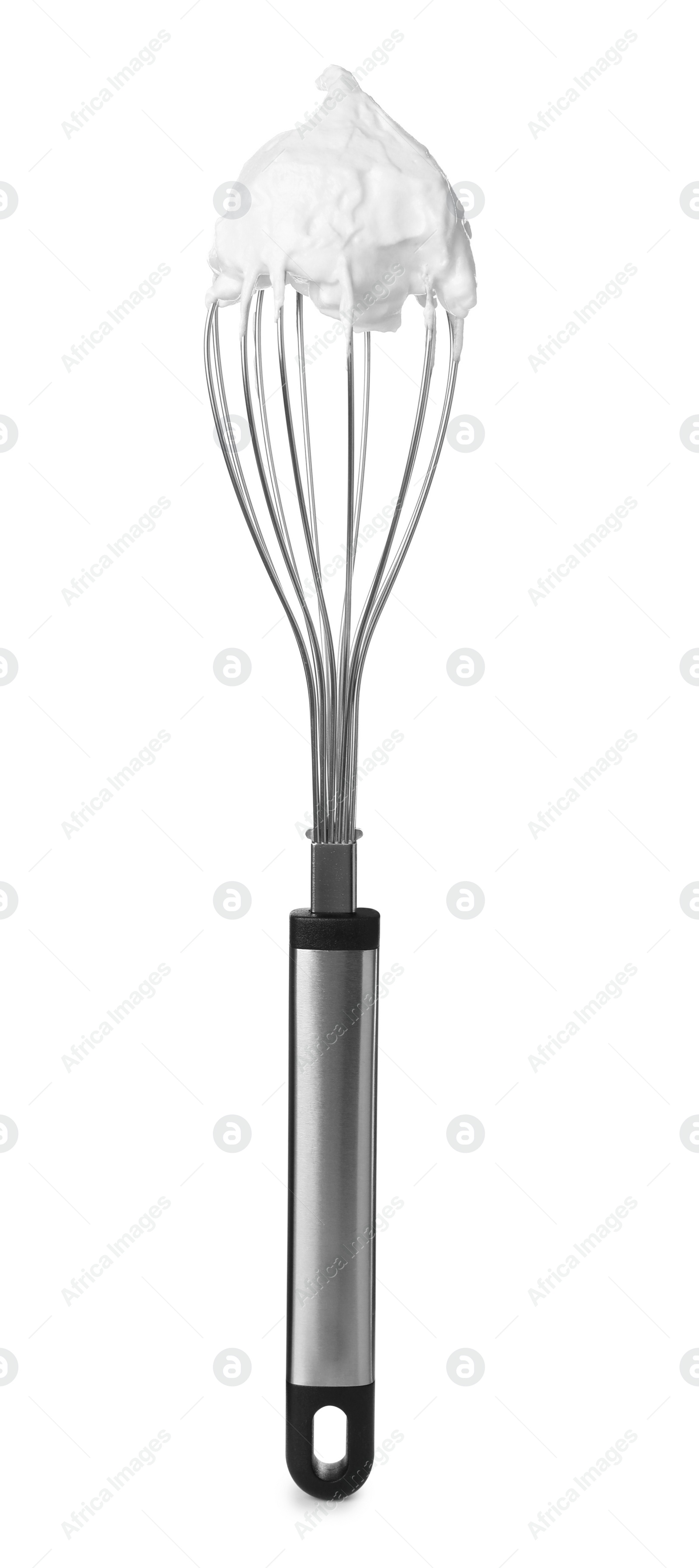 Photo of Balloon whisk with whipped cream isolated on white